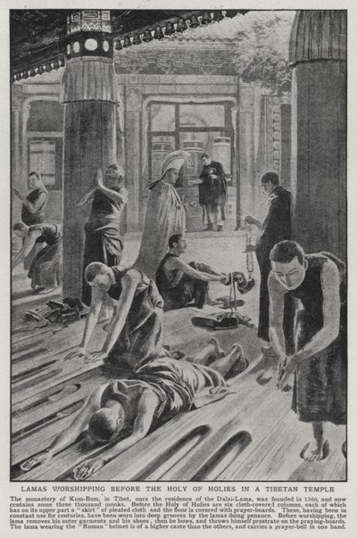 Lamas adorant devant le Saint des Saints dans un temple tibétain (lithographie) - English School