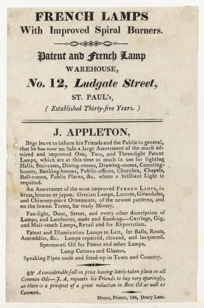 Fabricant de lampes, carte de visite - English School