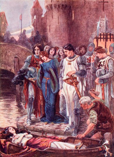 Lancelot regarde la Dame de Shalott morte à son arrivée à Camelot. Illustration en couleur du livre The Gateway to Tennyson publié en 1910. - English School