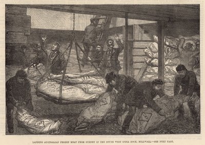 Déchargement de viande congelée australienne au South West India Dock, Millwall - English School