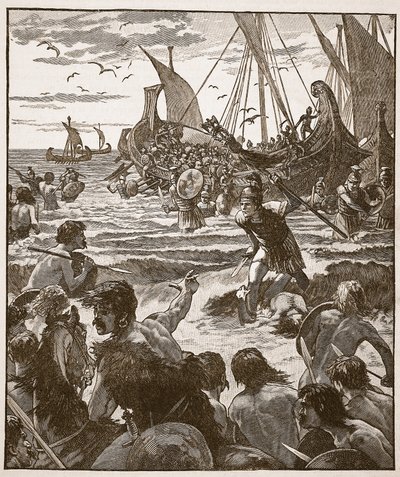 Débarquement des Romains sur la côte du Kent, illustration de Cassells Illustrated History of England - English School
