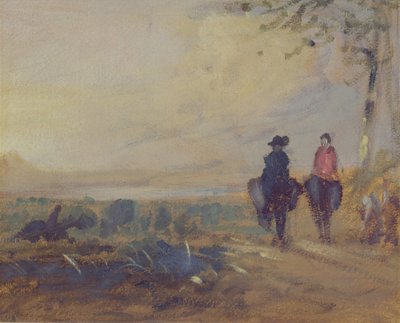 Paysage avec lac et deux figures à cheval, précédemment attribué à J.M.W. Turner (1775-1851) et aussi attribué à Peter de Wint (1784-1849), 1815-25 - English School