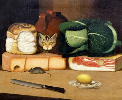 Nature morte de garde-manger avec un chat chassant une souris, c.1840 - English School
