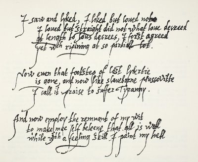 Dernières dix lignes du sonnet Astrophel de Sir Philip Sidney décrivant comment, progressivement et trop tard, il a réalisé ses propres sentiments pour Stella - English School