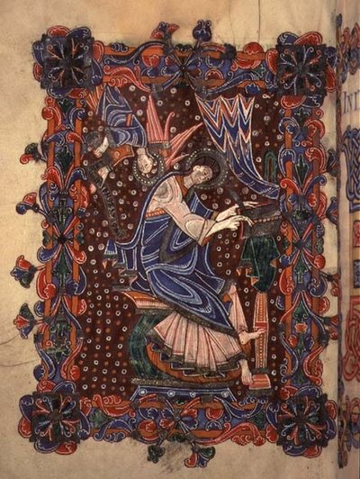 Lat 14782 f.16v Saint Matthieu écrivant son évangile, c.1080 (vélin) - English School