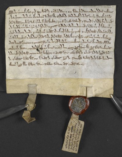 Acte en latin avec quitclaim en hébreu (joint au sceau), par Jacob ben Aaron cédant une terre à William le Briel. Angleterre - English School