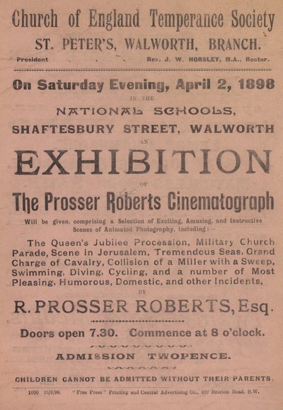 Prospectus publicitaire pour une exposition du Cinématographe Prosser Roberts - English School