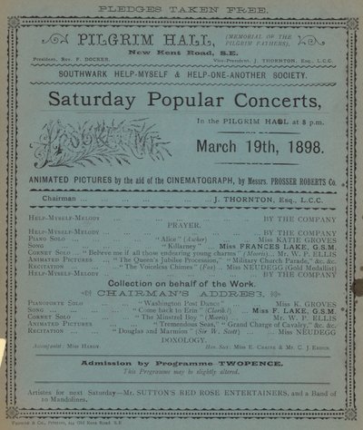 Prospectus publicitaire pour les concerts populaires du samedi au Pilgrim Hall - English School