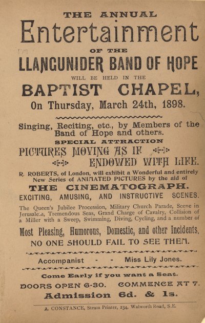 Prospectus publicitaire pour le divertissement annuel de la Llangunider Band of Hope - English School
