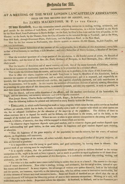 Prospectus expliquant une résolution de la West London Lancasterian Association pour commencer à fournir une instruction aux enfants, août 1813 - English School
