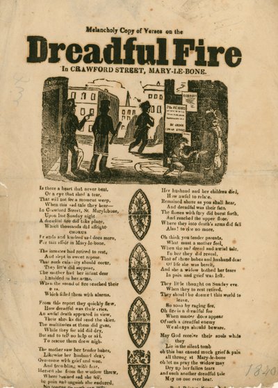 Brochure avec vers concernant un incendie dans Crawford Street, Marylebone, Londres - English School