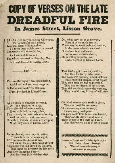 Brochure avec vers concernant un incendie dans James Street, Lisson Grove, Londres - English School