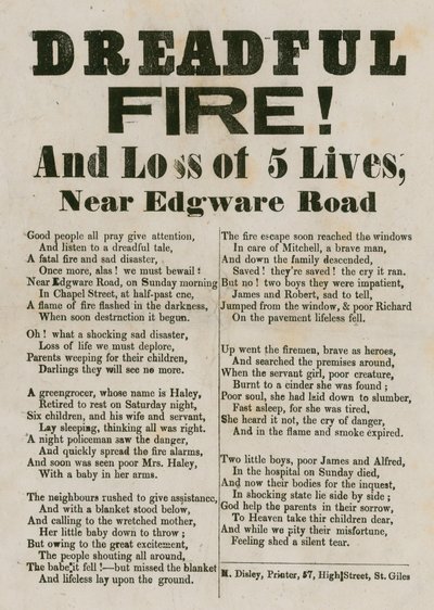 Brochure avec vers concernant un incendie près de Edgware Road, Londres - English School