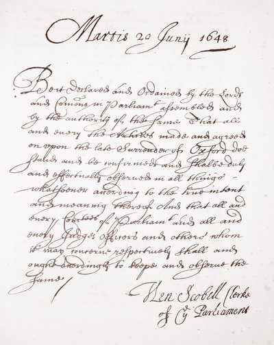 Lettre de Henry Scobell, 20 juin 1648 - English School