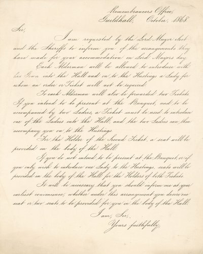 Lettre détaillant les arrangements pour un banquet au Guildhall, Londres, le 9 novembre 1868 - English School