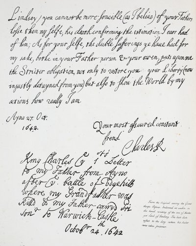 Lettre de Charles II à Montague, comte de Lindsey, 27 octobre 1642 - English School