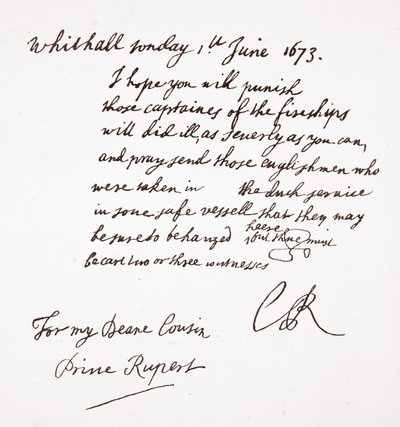Lettre de Charles II au prince Rupert, 1er juin 1673 - English School