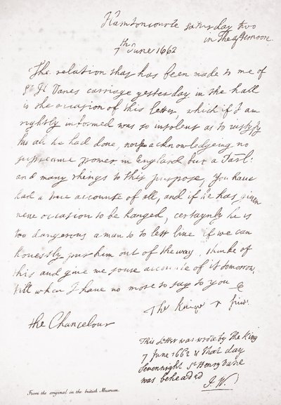 Lettre de Charles II au chancelier Lord Clarendon, 7 juin 1662 - English School