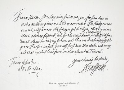 Lettre de Lord Strafford à sa femme, depuis la Tour de Londres, 4 février 1640 - English School