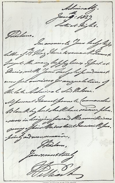 Lettre de Guillaume IV à Lady Nelson, 1827, publiée dans 