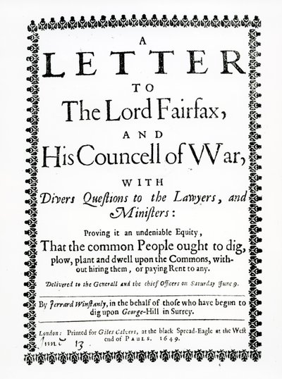 Lettre à Lord Fairfax de Gerrard Winstanley (c.1609-60) au nom des Diggers à St. George Hill, Surrey, imprimée en 1649 - English School