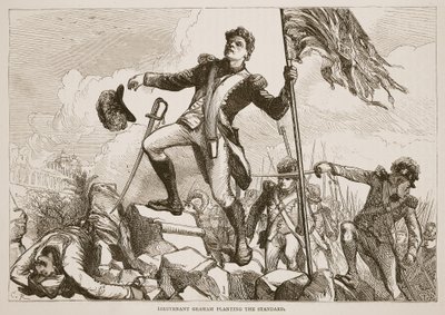 Lieutenant Graham plantant le drapeau, illustration de Cassells Illustrated History of India par James Grant, pub. 1879 - English School