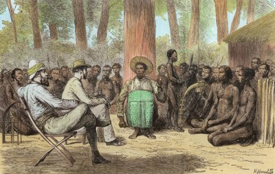 Réception du lieutenant Verney Lovett Cameron (1844-94) par Katende, gravé par Horace Harral (coloration ultérieure) - English School