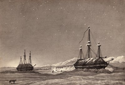 Premier voyage du lieutenant William Parry : H.M.S. Hecla et H.M.S. Griper à Winter Harbour, vers 1819 - English School
