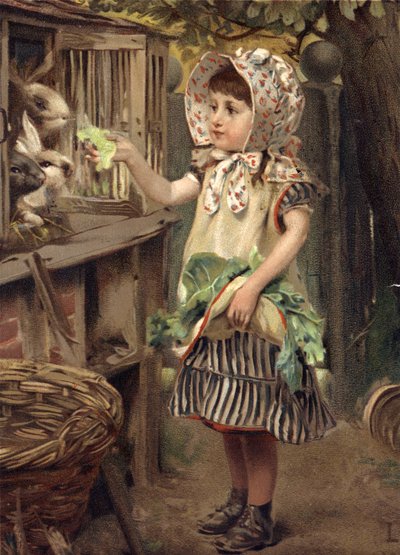 Petite fille nourrissant des lapins - English School