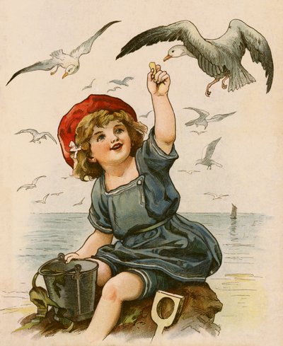 Petite fille nourrissant des mouettes - English School