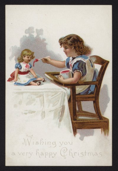 Petite fille jouant à nourrir sa poupée, carte de vœux de Noël, fin 19e ou début 20e siècle - English School