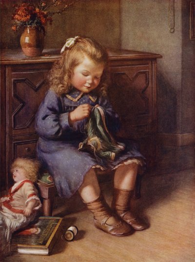 Petite fille cousant des vêtements pour sa poupée - English School