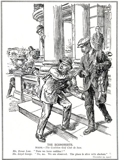 Lloyd George et Bonar Law au Club de Golf de la Coalition, craignant la ligue Anti-Gaspillage, doivent renoncer au luxe des caddies. Décembre 1920 - English School