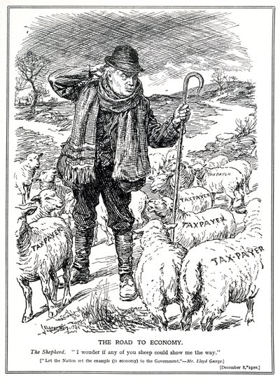 Lloyd George en tant que berger de la Grande-Bretagne demande aux contribuables (moutons) de mener la reprise économique, décembre 1920 - English School
