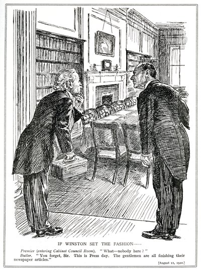 Lloyd George entre dans une salle de cabinet vide de ministres occupés à écrire des articles pour les journaux, août 1920 - English School