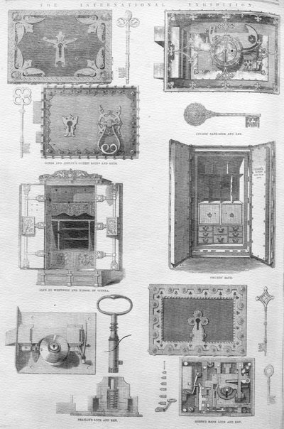 Serrures et coffres-forts exposés à la Grande Exposition de 1862, illustration de The Illustrated London News, 15 novembre 1862 - English School