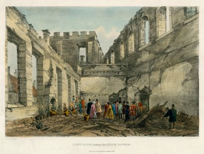 Salle longue menant à la tour de brique, incendie de la tour de Londres, 1841 - English School