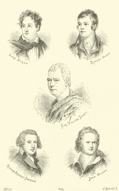 Lord Byron, Robert Burns, Sir Walter Scott, Richard Brinsley Sheridan, John Wilson - English School