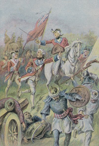 Lord Clive commandant les Britanniques à la bataille de Plassey, Inde, 1757 - English School