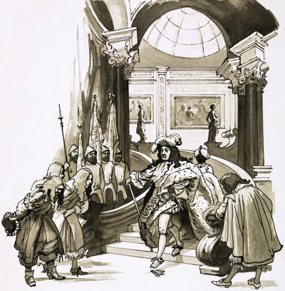 Louis XIV descendant les escaliers à Versailles - English School