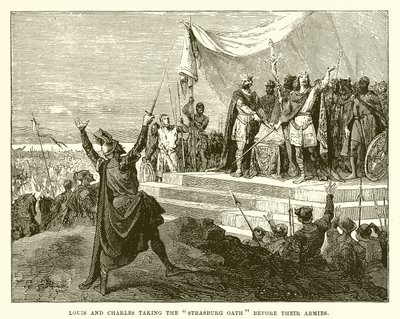 Louis et Charles prêtant le serment de Strasbourg devant leurs armées - English School