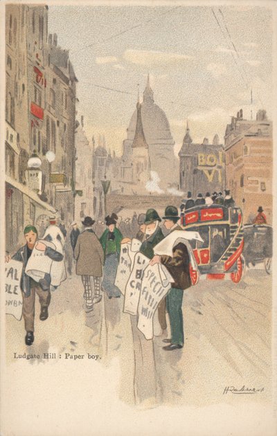 Ludgate Hill, Londres, vendeur de journaux - English School
