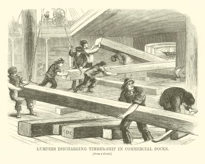 Brouettes déchargeant un navire de bois dans les docks commerciaux (gravure) - English School