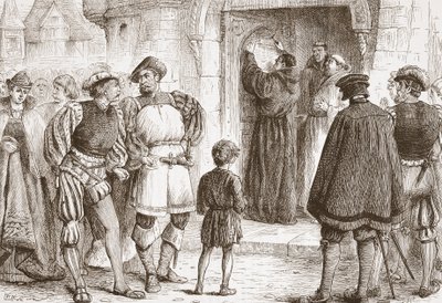 Luther clouant ses thèses à la porte de la Schloss-Kirk à Wittemberg, illustration de L