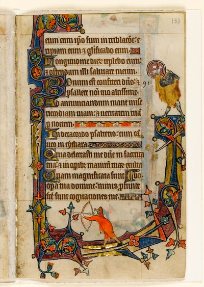 Un archer et Saint Jean-Baptiste, décoration marginale du Psautier de Macclesfield, Usage de Sarum, East Anglia, vers 1330 - English School