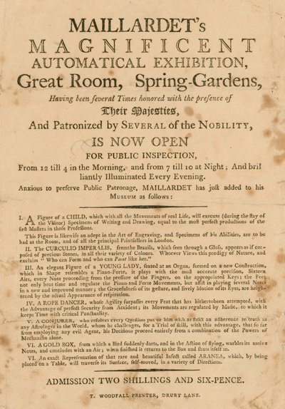 Exposition automatique magnifique de Maillardet, Grande Salle, Spring Gardens, Londres - English School