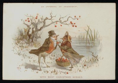 Rouges-gorges mâle et femelle en costume. Carte de vœux de Noël. - English School