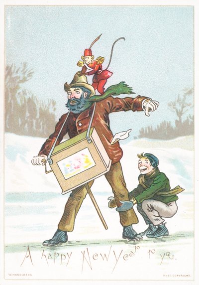 Homme, garçon et singe glissant sur la glace - English School