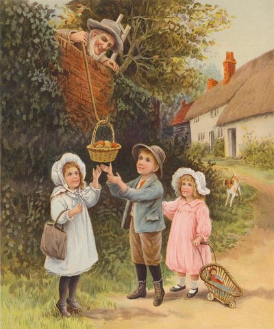 Homme descendant un panier de fruits aux enfants - English School