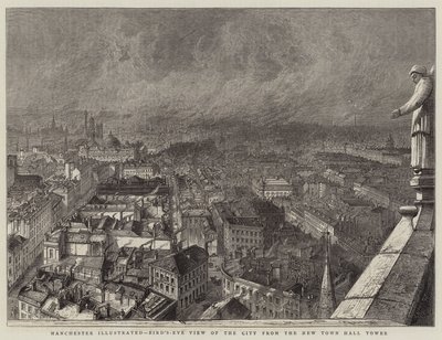 Manchester illustré, vue aérienne de la ville depuis la tour de la nouvelle mairie (gravure) - English School